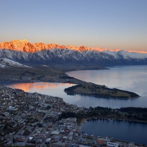 The setting sun highlights the Remarkables Range near Queenstown