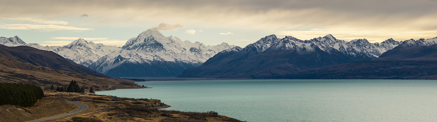 View over Lake Pukaki in the Mackenzie Country toward Aoraki Mt Cook.