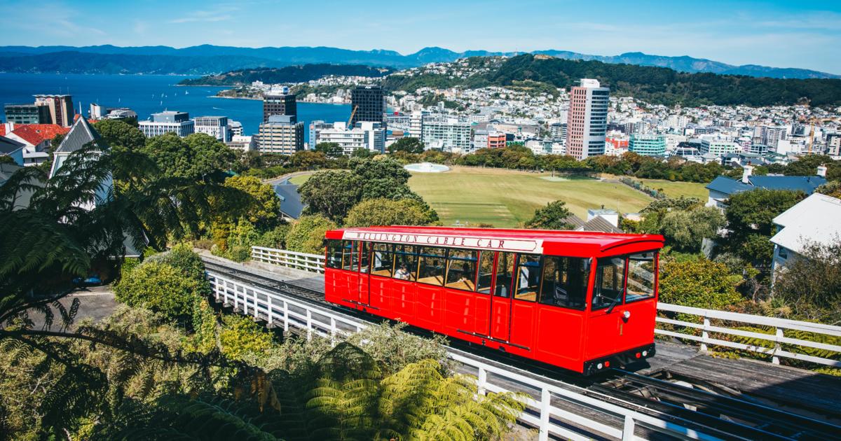 Rote Wellington Cable Car mit Blick über die Stadt und den Hafen