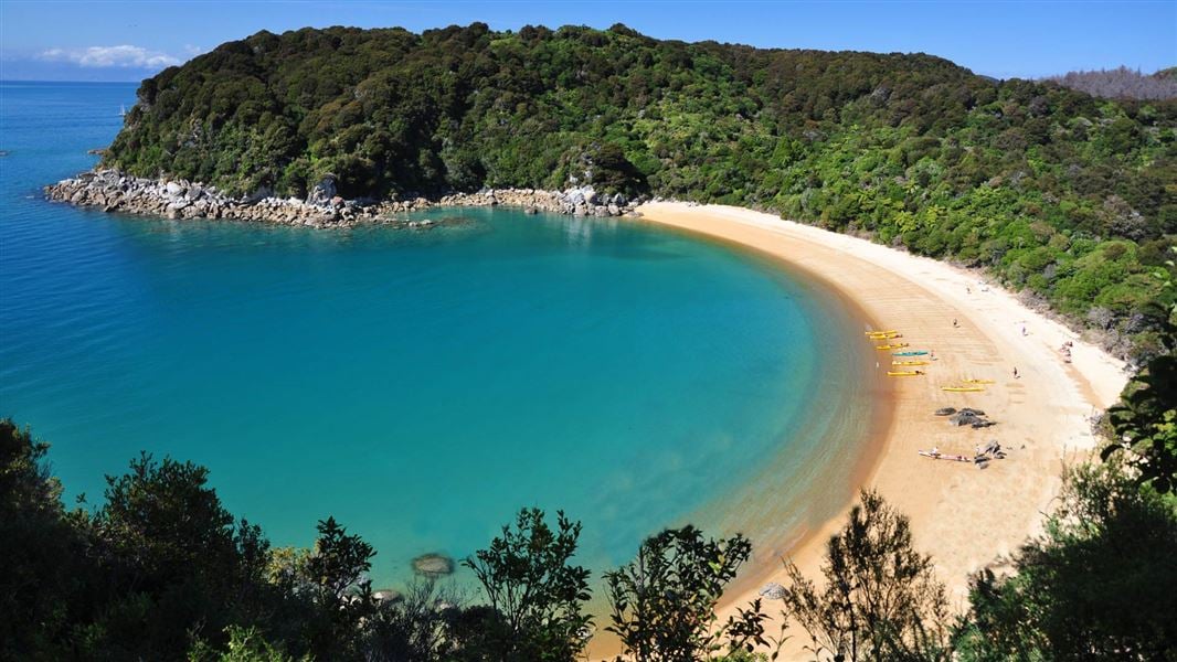 Goldener Sandstrand und türkisfarbenes Wasser im Abel-Tasman-Nationalpark